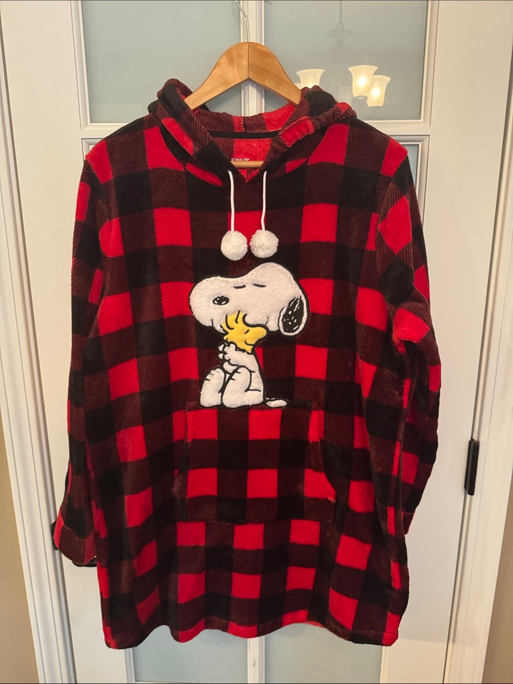 Peanuts Woman’s Red and Black Buffalo Plaid Hooded Tunic